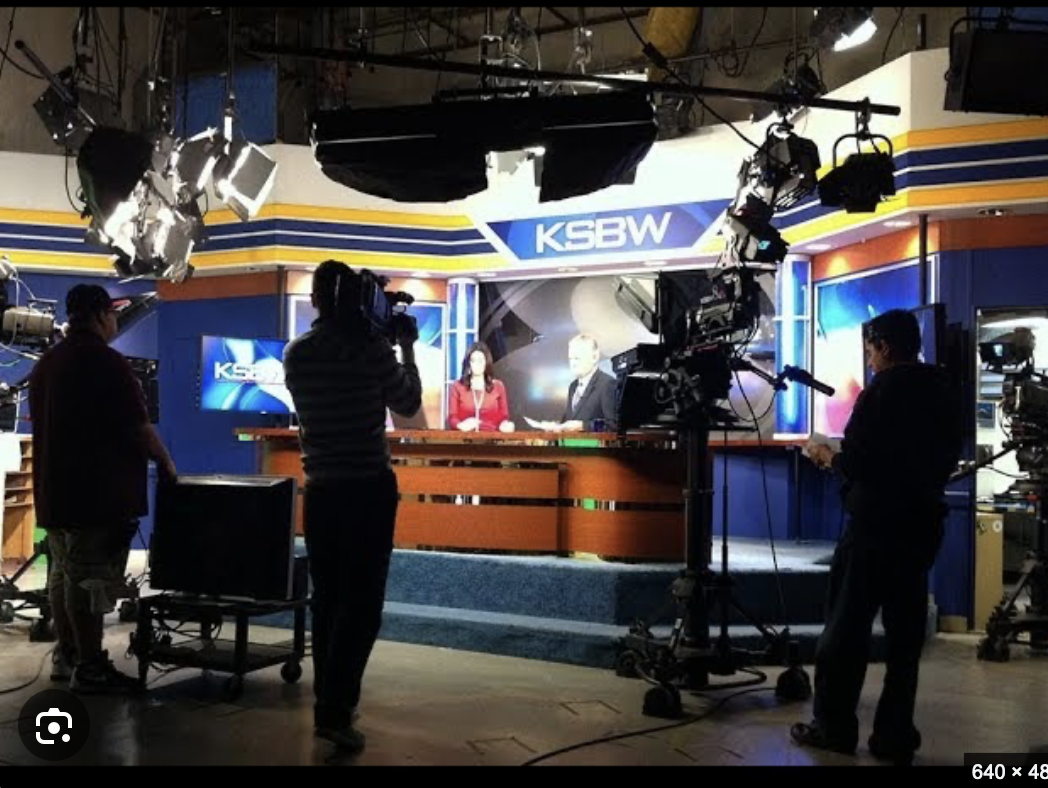 Original KSBW studio: wide view of the anchor desk, cameras, and lighting