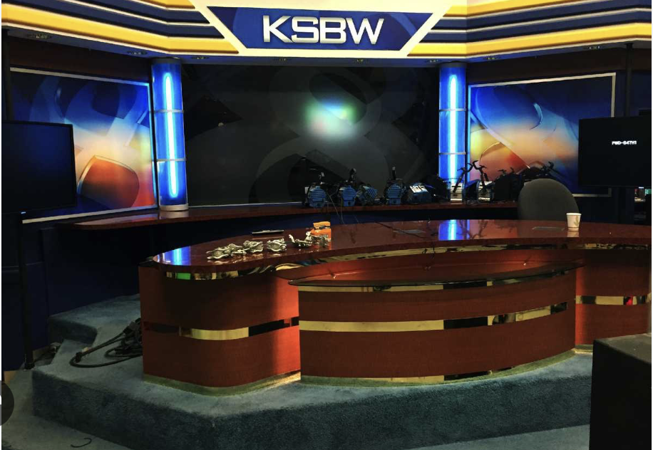 Original KSBW studio: anchor desk and scenic backdrop